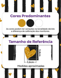 Papel de Parede Adesivo Preto Listras e Corações com Glitter