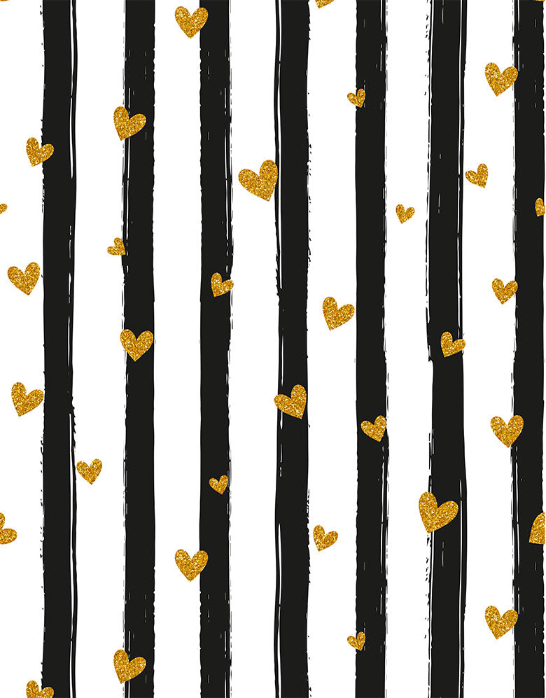 Papel de Parede Adesivo Preto Listras e Corações com Glitter