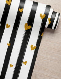 Papel de Parede Adesivo Preto Listras e Corações com Glitter