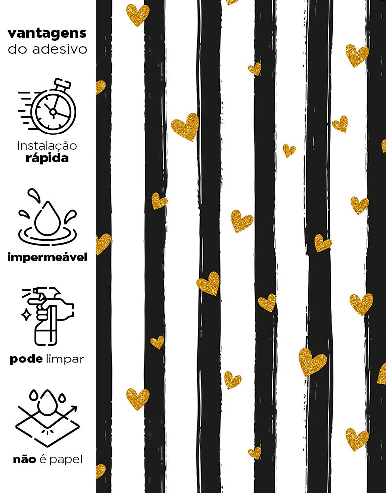 Papel de Parede Adesivo Preto Listras e Corações com Glitter