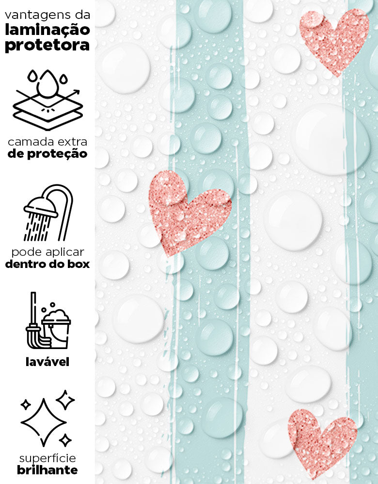 Papel de Parede Adesivo Listras Azuis E Corações De Glitter