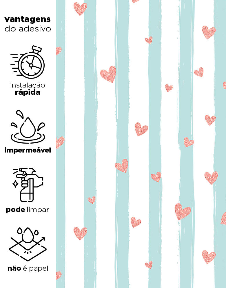 Papel de Parede Adesivo Listras Azuis E Corações De Glitter