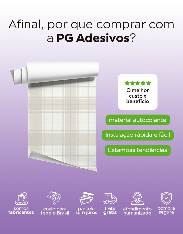 KIT DE 4 ROLOS - 3,00m x 50cm - Papel de Parede Adesivo Xadrez Feno
