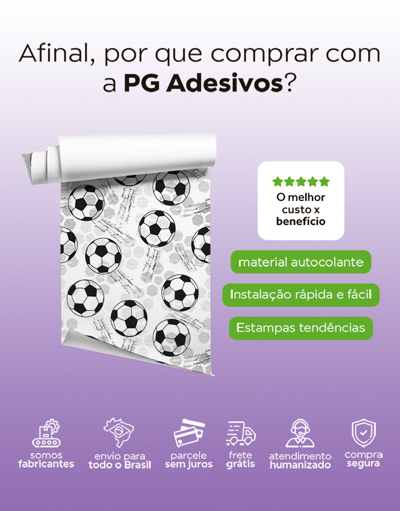 KIT DE 4 ROLOS - 3,00m x 50cm - Papel de Parede Adesivo Bolas de Futebol