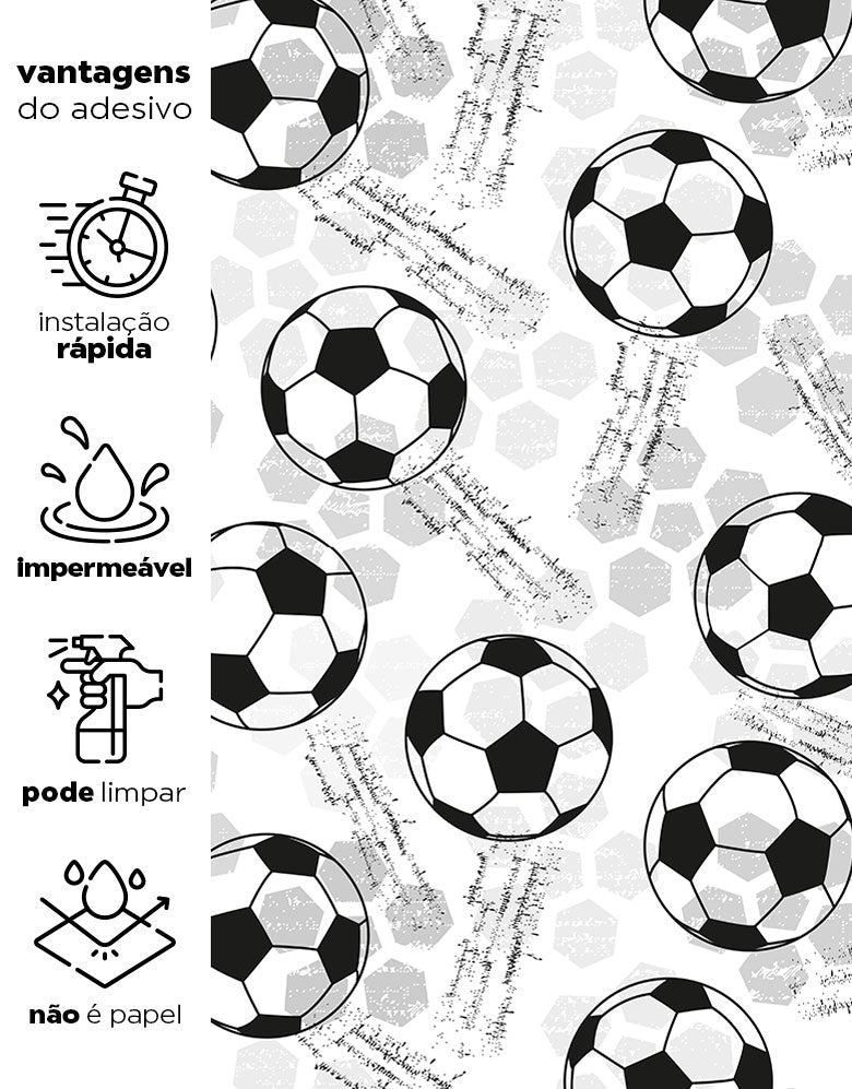 KIT DE 4 ROLOS - 3,00m x 50cm - Papel de Parede Adesivo Bolas de Futebol