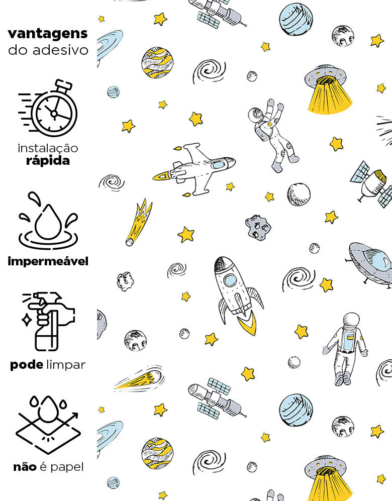 KIT DE 3 ROLOS - 3,00m x 50cm - Papel de Parede Adesivo Astronauta