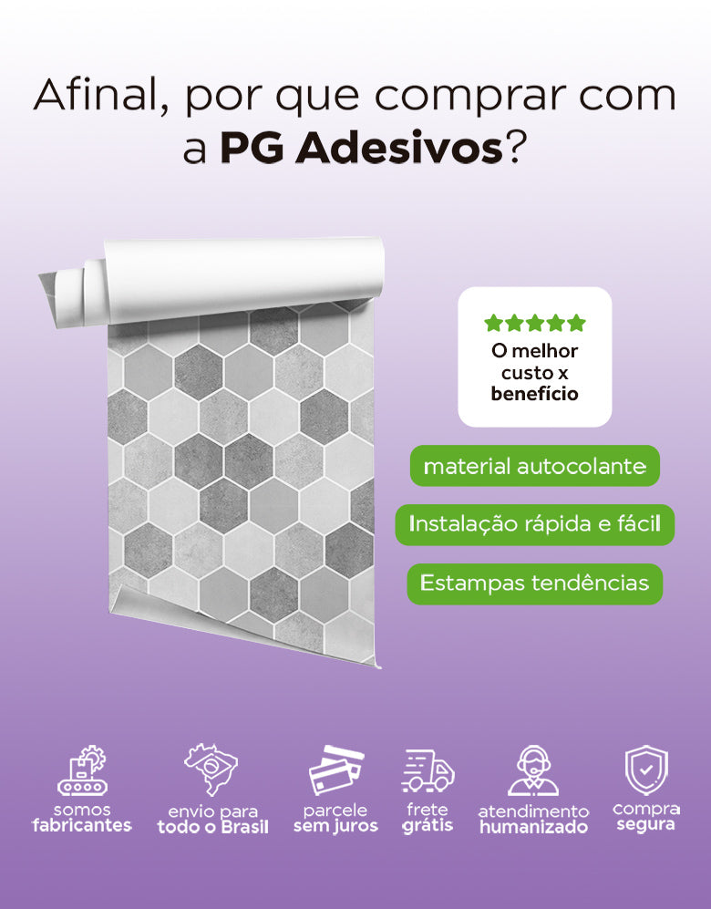 KIT DE 7 ROLOS - 2,50m x 50cm - Papel de Parede Adesivo Hexágonos Colmeia Cimento Queimado