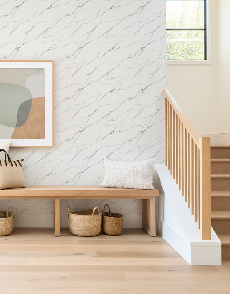 KIT DE 3 ROLOS - 2,50m x 50cm - Papel de Parede Adesivo Mármore Brisa de Carrara