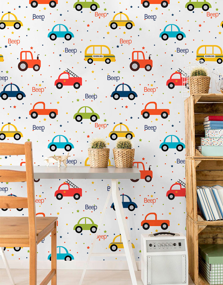 KIT DE 5 ROLOS - 1,50m x 50cm - Papel de Parede Adesivo Carrinhos Beep Beep