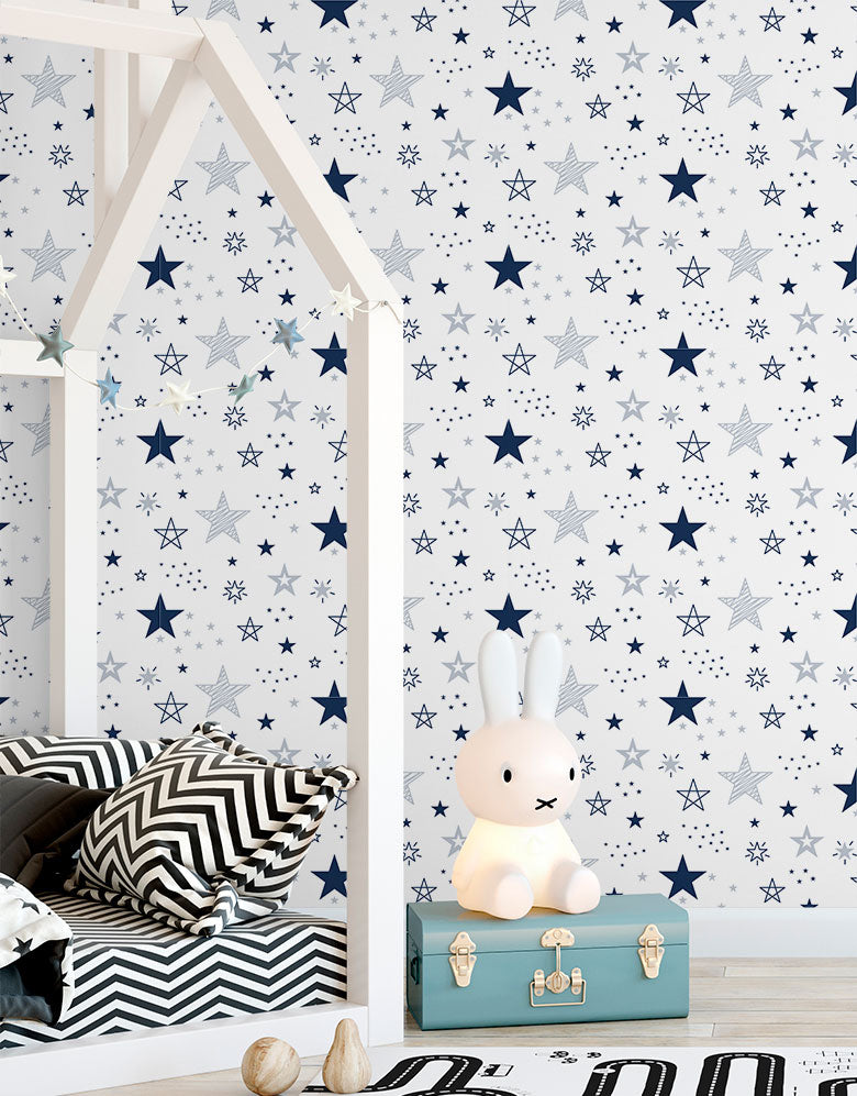 KIT DE 2 ROLOS - 3,00m x 50cm - Papel De Parede Adesivo Estrelas Encantada Azul