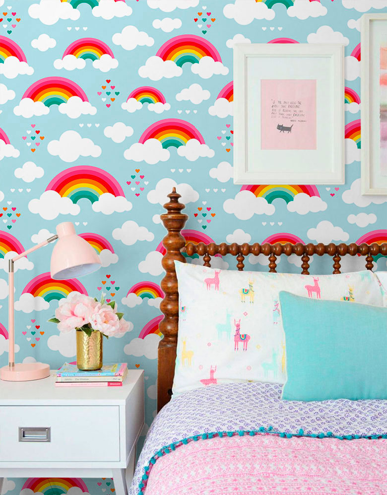 Papel de Parede Adesivo Arco-Íris E Nuvens