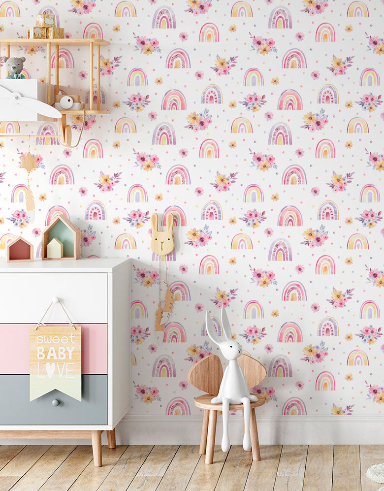 KIT DE 4 ROLOS - 3,00m x 50cm - Papel de Parede Adesivo Arco Iris Boho