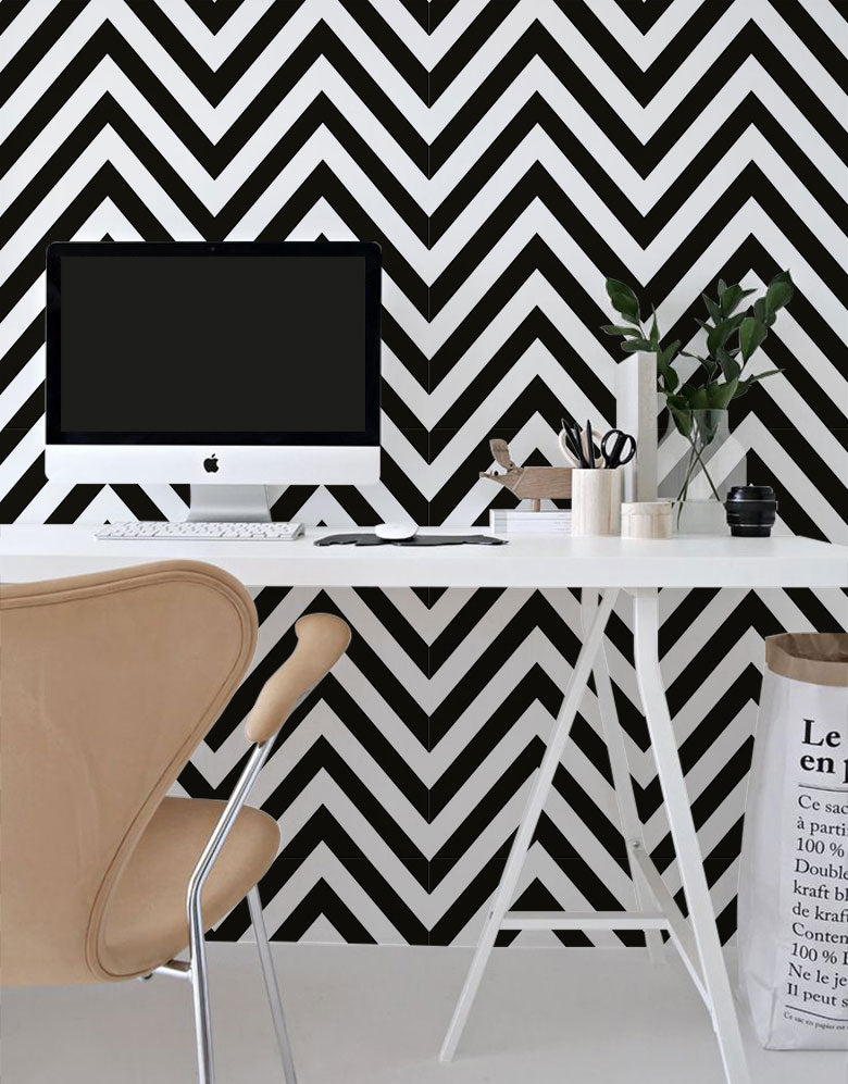 KIT DE 3 ROLOS - 2,50m x 50cm - Papel de Parede Adesivo Chevron Preto e Branco