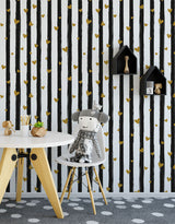 Papel de Parede Adesivo Preto Listras e Corações com Glitter