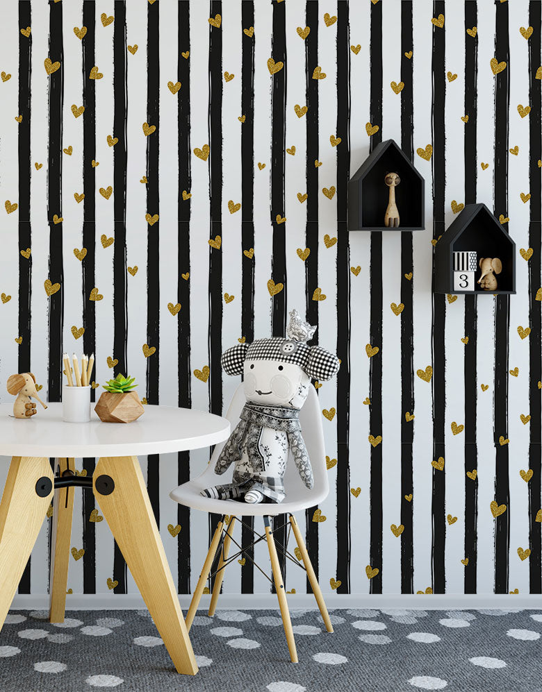 Papel de Parede Adesivo Preto Listras e Corações com Glitter