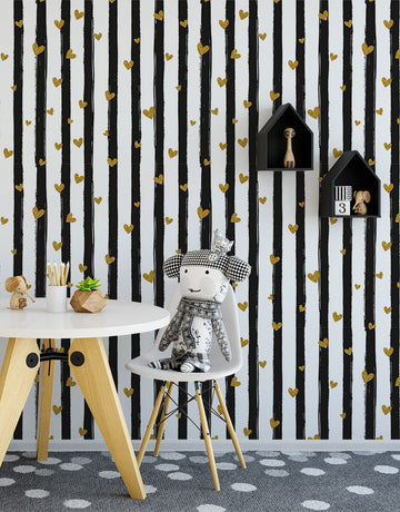 Papel de Parede Adesivo Preto Listras e Corações com Glitter