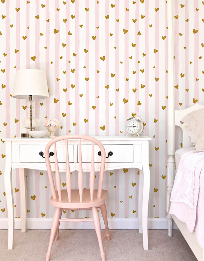 Papel De Parede Rosa Adesivo Listras E Corações De Glitter