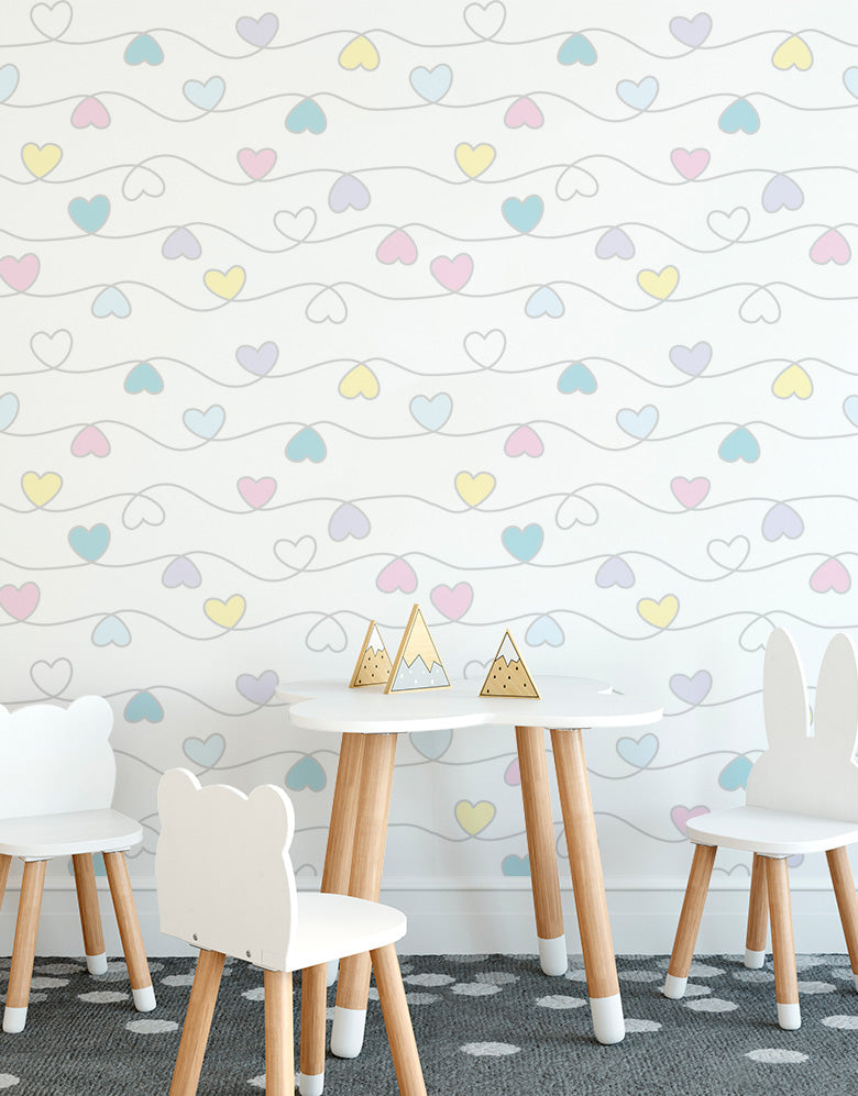 KIT DE 8 ROLOS - 1,50m x 50cm - Papel de Parede Corações Coloridos
