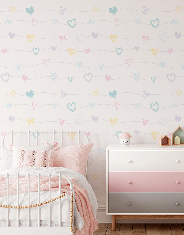 KIT DE 4 ROLOS - 3,00m x 50cm - Papel de Parede Corações Lineares