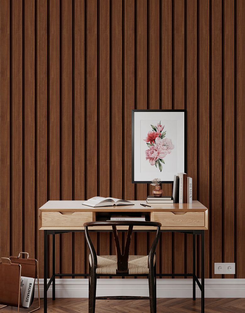 KIT DE 2 ROLOS - 3,00m x 50cm - Papel de Parede Madeira Ripada Larga Avelã