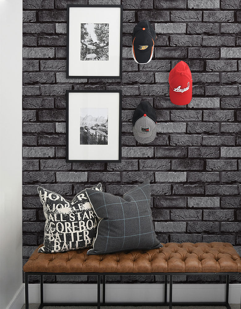 KIT DE 6 ROLOS - 3,00m x 50cm - Papel de Parede Tijolinho Preto Luxo
