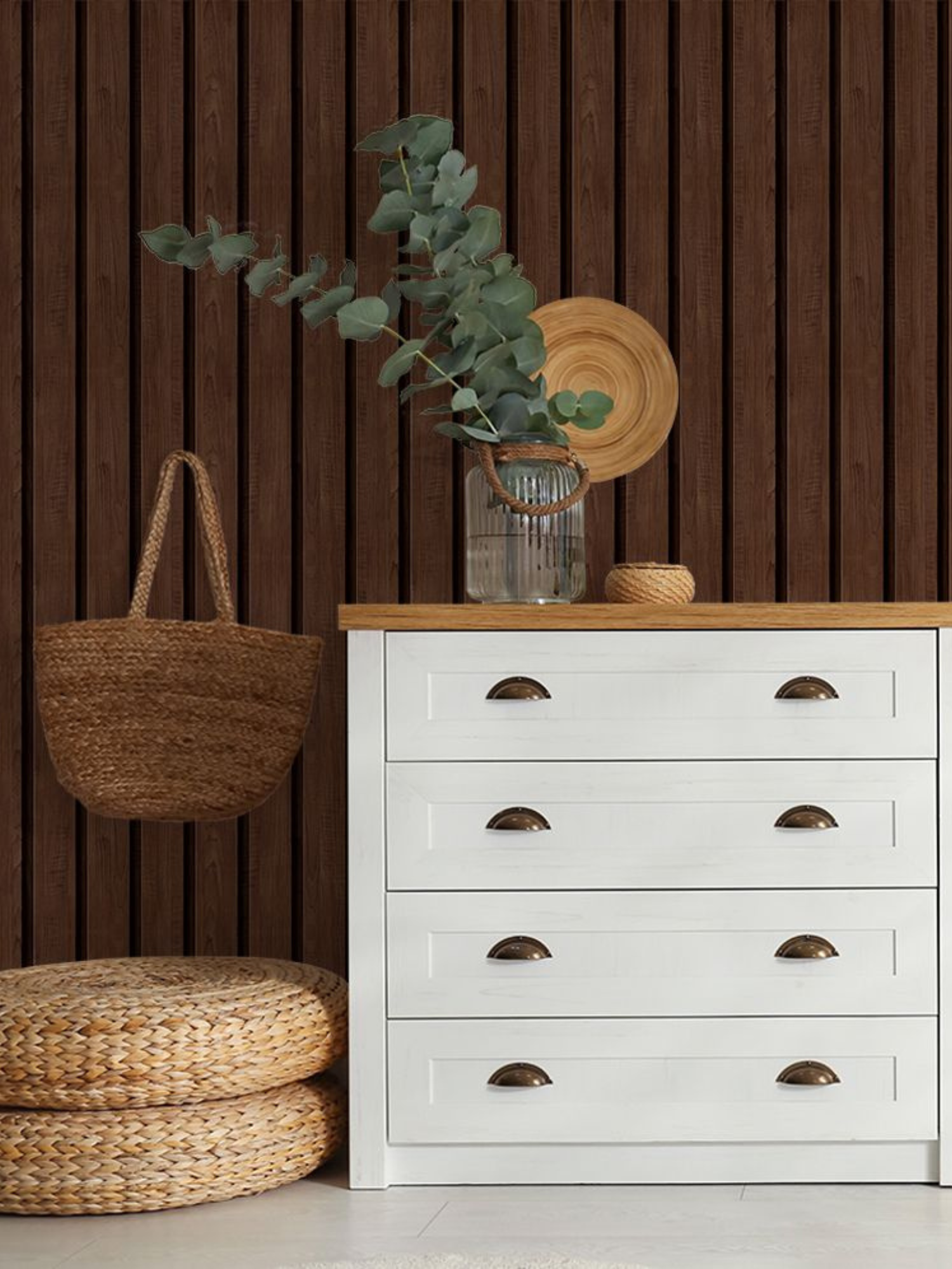 KIT DE 3 ROLOS - 2,50m x 50cm - Papel de Parede Madeira Ripada Larga Chocolate