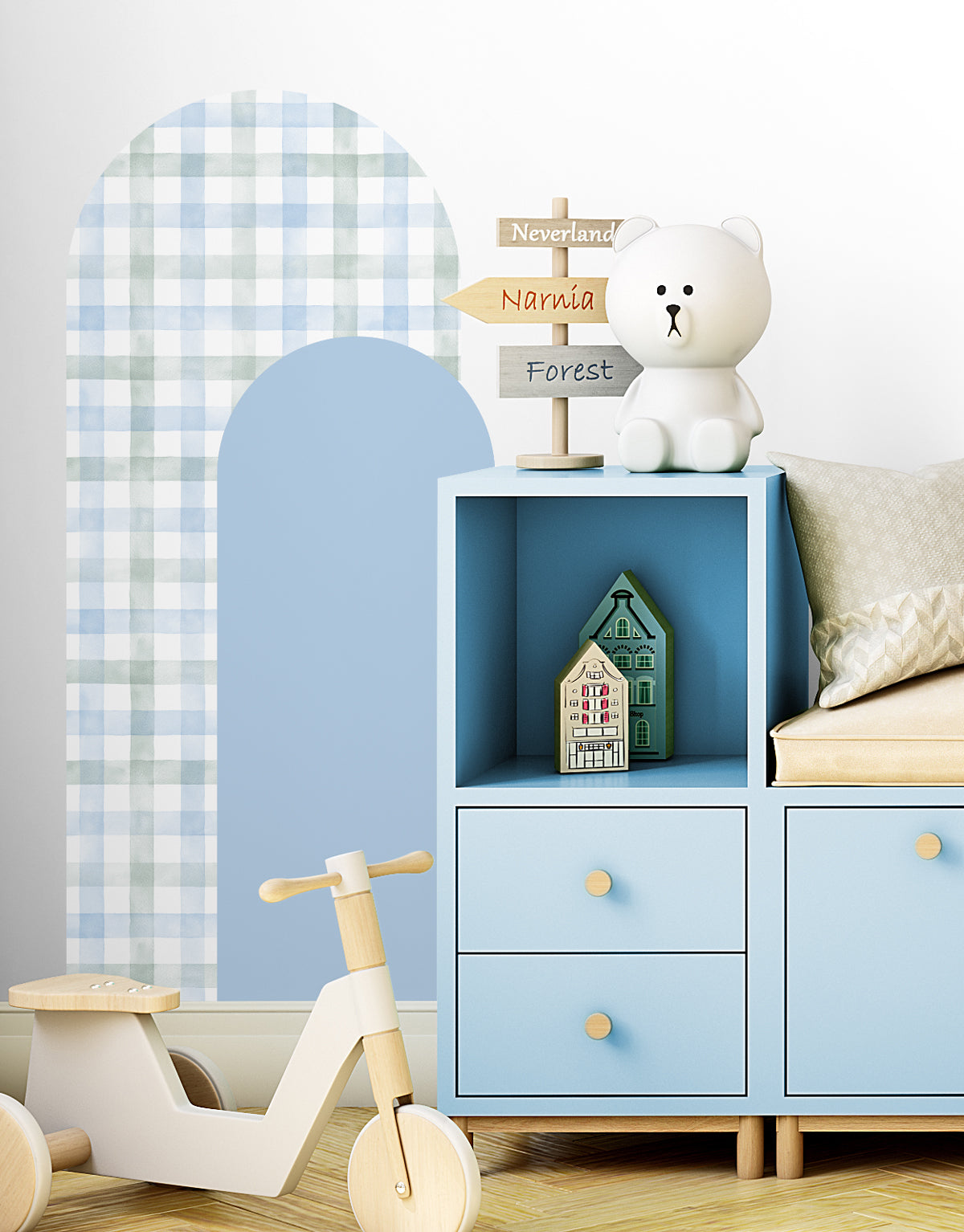 Adesivo de Parede Arco Xadrez Vichy Azul e Verde