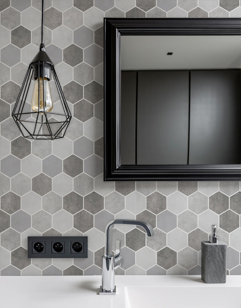 Papel de Parede Adesivo Hexágonos Colmeia Cimento Queimado Com película para áreas úmidas e Molhadas 1,50x0,50