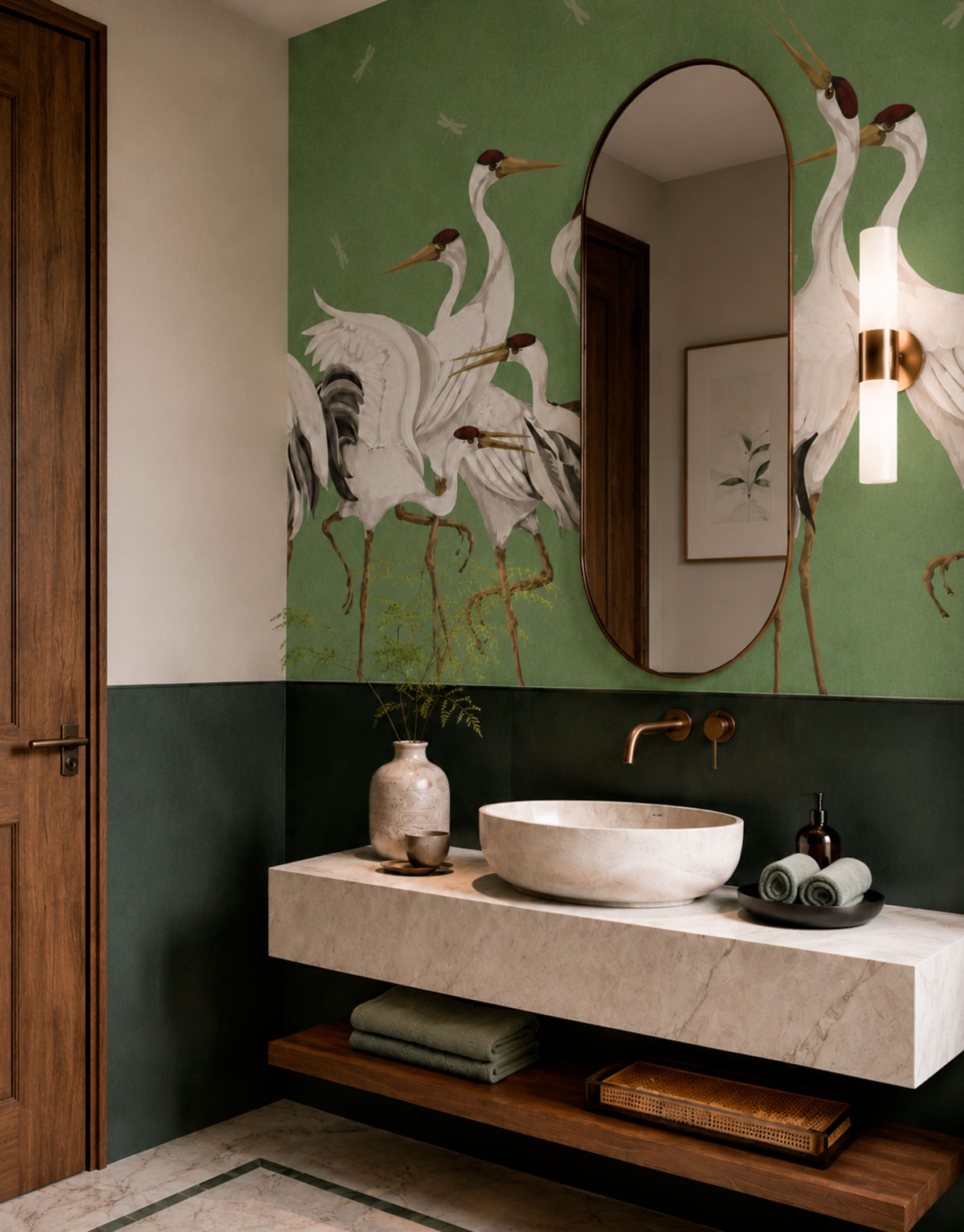 Painel Adesivo Meia Parede Grous Tsuru Verde