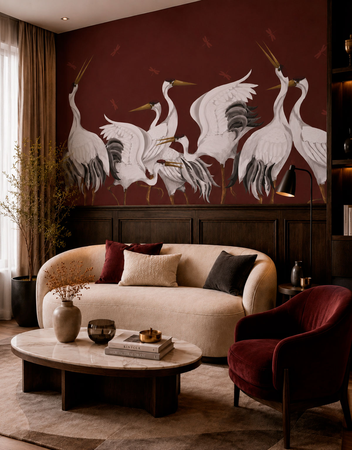 Painel Adesivo Meia Parede Grous Tsuru Vinho