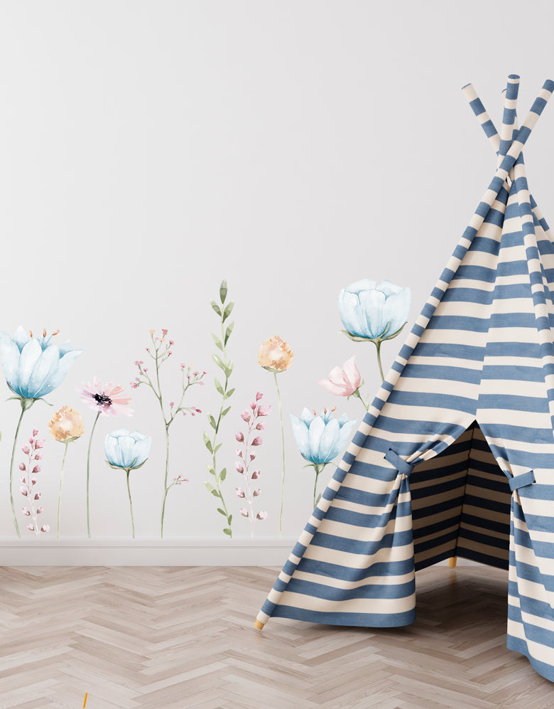 Adesivo de Parede Flores Jardim Azul