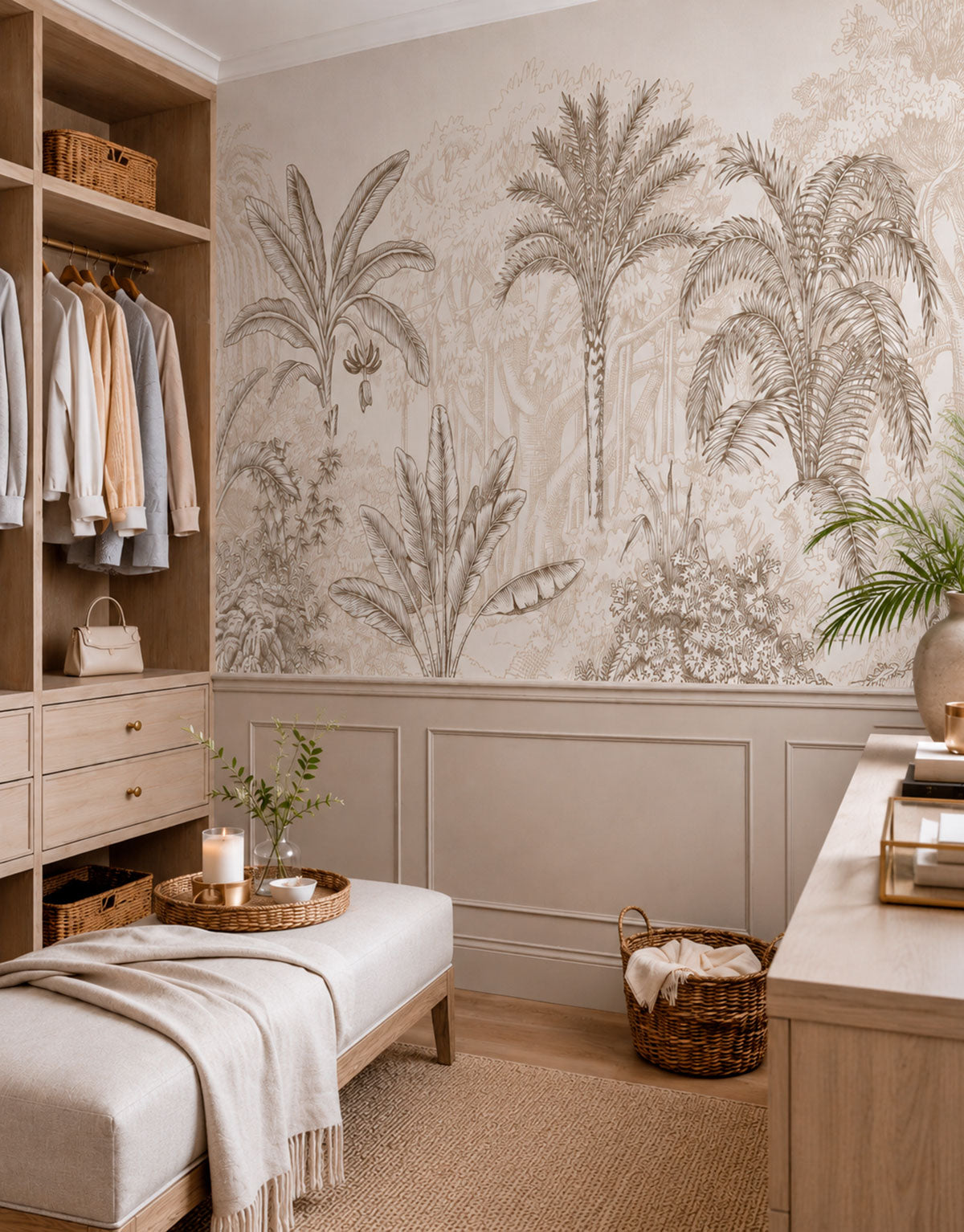 Painel Adesivo Meia Parede Floresta Tropical Bege