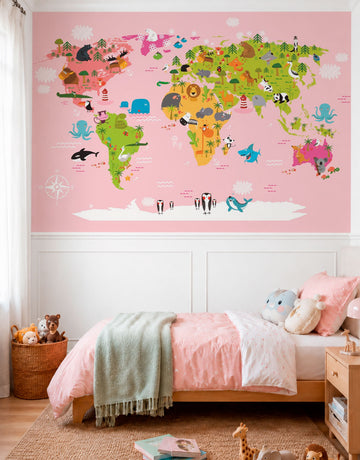 Painel Adesivo Meia Parede Mapa Múndi Rosa
