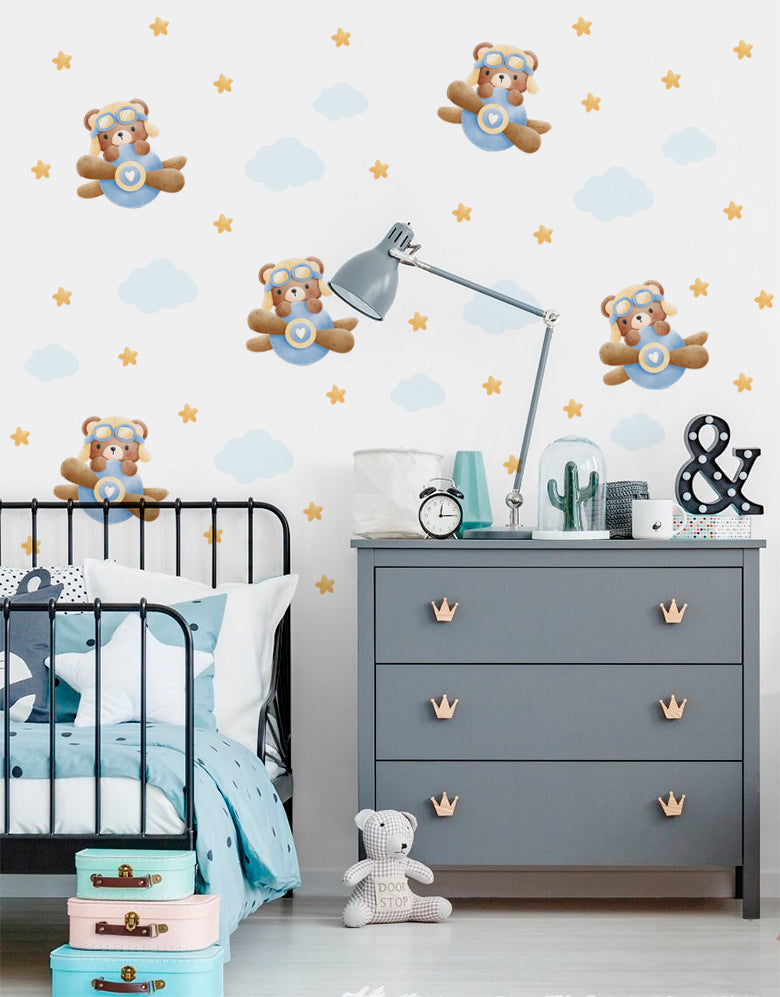 Cartela Adesiva Ursinho Aviador Azul