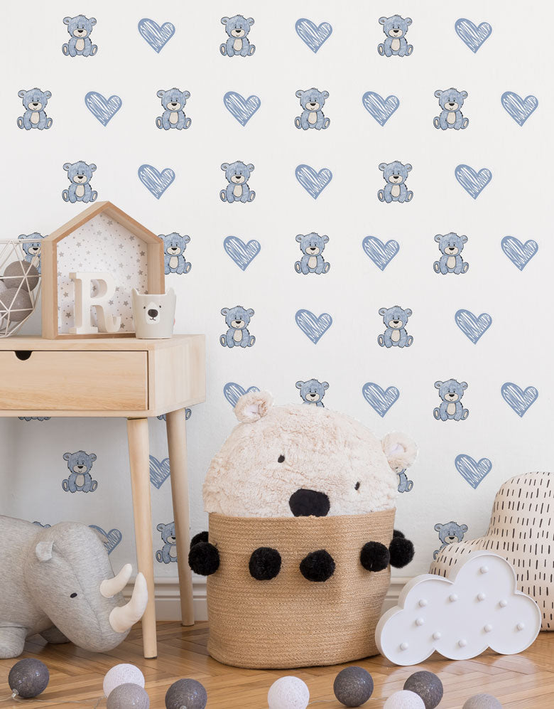 Cartela Adesiva Ursinhos e Corações Azuis